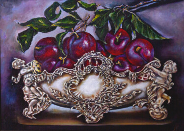 Schilderij getiteld "Plums in an antique…" door Inga Loginova, Origineel Kunstwerk, Olie