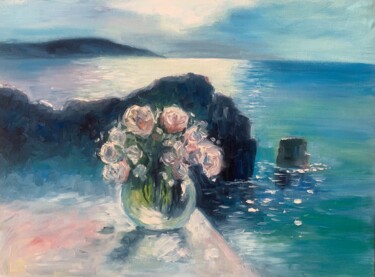 Painting titled "Roses on the seaside" by Inga Savina, Original Artwork, Oil