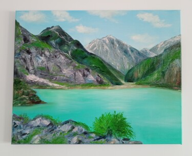 Painting titled "Mountain Lake" by Inga Shaihrazieva, Original Artwork, Oil Mounted on Wood Stretcher frame
