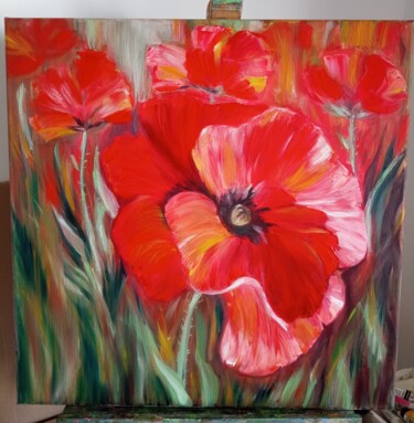 Painting titled "Poppies" by Inga Shaihrazieva, Original Artwork, Oil Mounted on Wood Stretcher frame