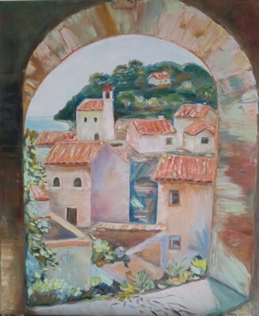 Painting titled "Village on the moun…" by Inga Shaihrazieva, Original Artwork, Oil Mounted on Wood Stretcher frame