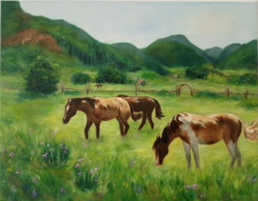 Painting titled "Horses on the pastu…" by Inga Shaihrazieva, Original Artwork, Oil Mounted on Wood Stretcher frame