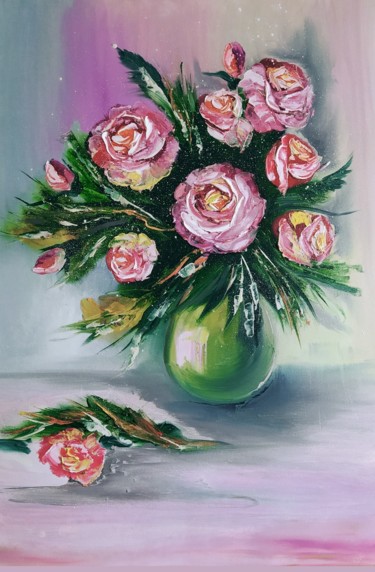 Painting titled "Bouquet of roses" by Art Inga Matveeva, Original Artwork, Oil Mounted on Wood Stretcher frame
