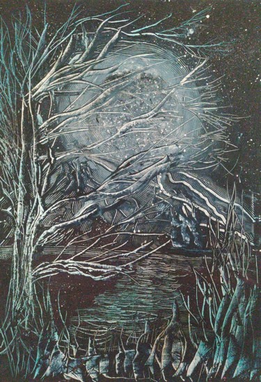 Картина под названием "Winter night" - Art Inga Matveeva, Подлинное произведение искусства, Акрил Установлен на Деревянная р…