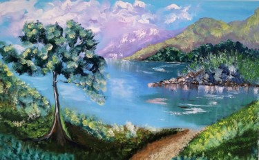Painting titled "Lake Baikal" by Art Inga Matveeva, Original Artwork, Oil Mounted on Wood Stretcher frame