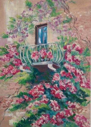 Painting titled "Floral balcony" by Art Inga Matveeva, Original Artwork, Oil Mounted on Wood Stretcher frame