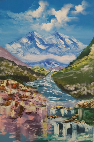 Painting titled "Mountain river" by Art Inga Matveeva, Original Artwork, Oil Mounted on Wood Stretcher frame