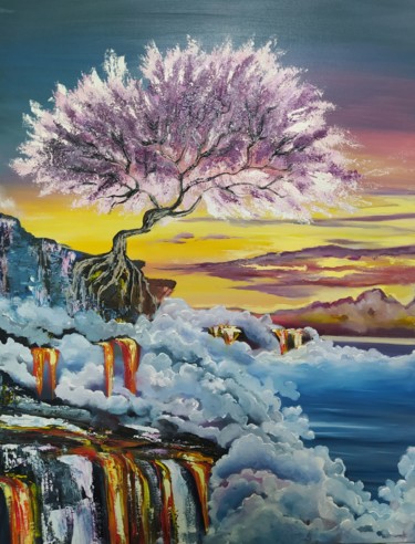 Malarstwo zatytułowany „Japanese cherry” autorstwa Art Inga Matveeva, Oryginalna praca, Olej Zamontowany na Drewniana rama n…