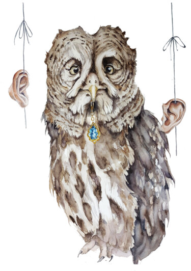 Painting titled "''The Owl needs a p…" by Ingaside, Original Artwork, Watercolor