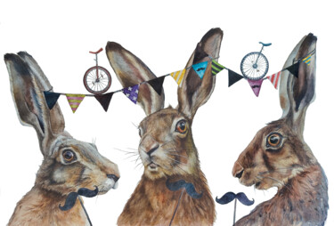 「''Very Happy Hares…」というタイトルの絵画 Ingasideによって, オリジナルのアートワーク, 水彩画