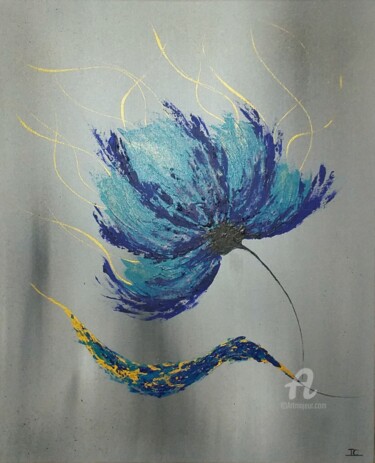 Painting titled "Etre Fleur Bleu" by Inge Corremans, Original Artwork, Acrylic Mounted on Wood Stretcher frame