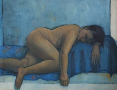 Painting titled "On blue I" by Inge Oeyen, Original Artwork, Oil Mounted on Wood Stretcher frame