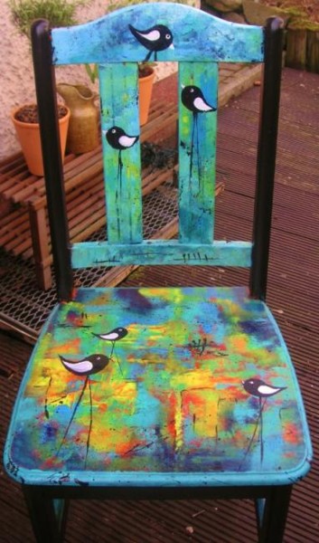 Malerei mit dem Titel "Stuhl "love birds"" von Ingemalt, Original-Kunstwerk, Öl