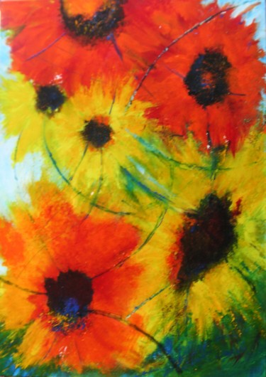 Schilderij getiteld "dancing sunflowers" door Ingemalt, Origineel Kunstwerk, Olie