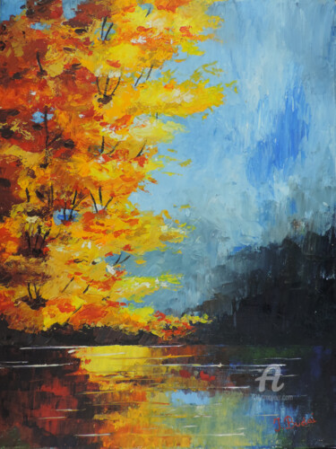 Painting titled "reflet d'automne" by Ingrid Budai, Original Artwork, Oil Mounted on Wood Stretcher frame