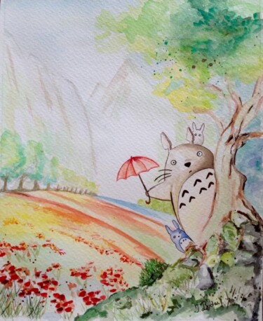 Pintura intitulada "Totoro" por Ingrid Budai, Obras de arte originais, Aquarela Montado em Vidro