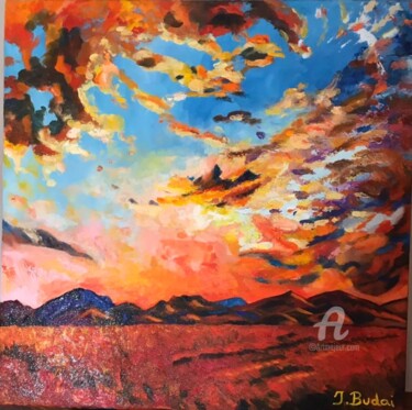 Painting titled "Nuages au matin" by Ingrid Budai, Original Artwork, Oil Mounted on Wood Stretcher frame