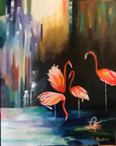 Painting titled "Flamands roses" by Ingrid Budai, Original Artwork, Oil Mounted on Wood Stretcher frame