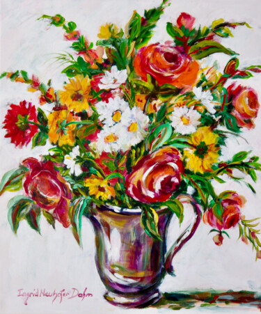 Painting titled "Floral Arrangement…" by Ingrid Dohm, Original Artwork, Acrylic Mounted on Wood Stretcher frame