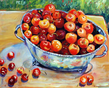 Painting titled "Cherries" by Ingrid Dohm, Original Artwork, Oil