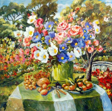 Painting titled "Garden Picnic" by Ingrid Dohm, Original Artwork, Oil