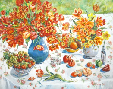 Schilderij getiteld "Apples and Oranges" door Ingrid Dohm, Origineel Kunstwerk, Olie
