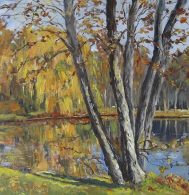 Картина под названием "Midway Vllage Pond" - Ingrid Dohm, Подлинное произведение искусства, Масло