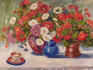 Painting titled "Cup and Saucer" by Ingrid Dohm, Original Artwork, Oil