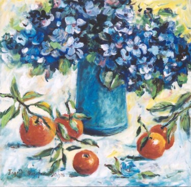 Schilderij getiteld "Blue Watering Can" door Ingrid Dohm, Origineel Kunstwerk