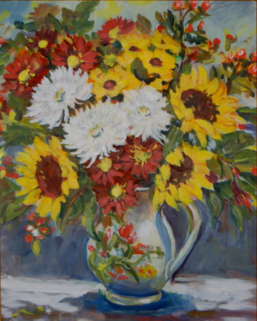 Painting titled "Sunflowers" by Ingrid Dohm, Original Artwork, Oil