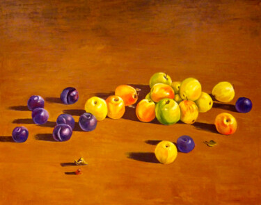 Painting titled "Plums and Apples" by Ingrid Dohm, Original Artwork, Oil