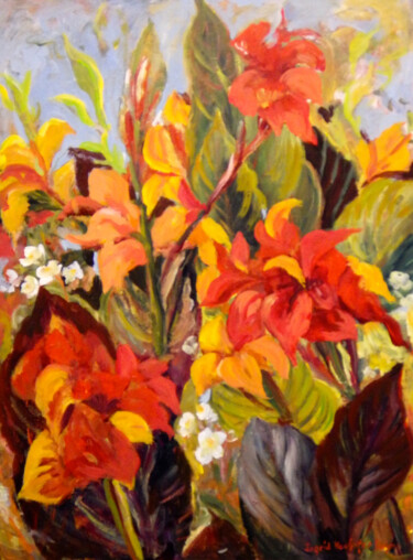 Painting titled "Canna Lilies" by Ingrid Dohm, Original Artwork, Oil