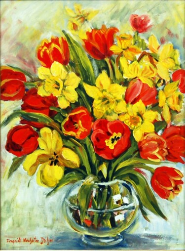 Schilderij getiteld "Tulips and Daffodils" door Ingrid Dohm, Origineel Kunstwerk