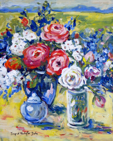 Schilderij getiteld "Red and White Roses" door Ingrid Dohm, Origineel Kunstwerk, Acryl