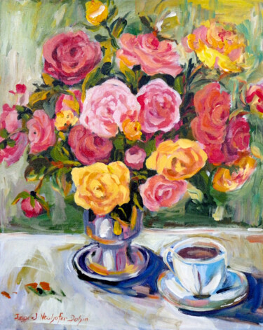 Peinture intitulée "Yellow and Pink Ros…" par Ingrid Dohm, Œuvre d'art originale, Acrylique