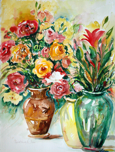 Painting titled "Three Vases" by Ingrid Dohm, Original Artwork, Watercolor