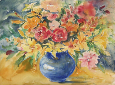 Painting titled "Blue Vase" by Ingrid Dohm, Original Artwork, Watercolor