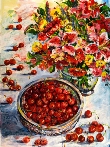 Schilderij getiteld "Cherries" door Ingrid Dohm, Origineel Kunstwerk, Acryl
