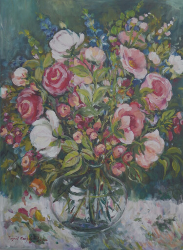 Painting titled "White and Red Roses" by Ingrid Dohm, Original Artwork, Acrylic