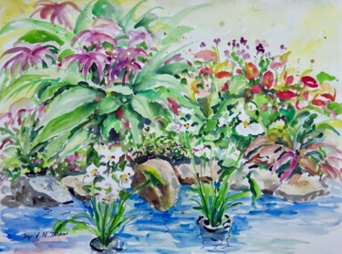 Painting titled "Water Garden" by Ingrid Dohm, Original Artwork, Watercolor