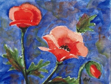 Painting titled "Drei Blüten Mohn" by Ingrid Edith Wekel, Original Artwork, Watercolor