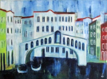 Schilderij getiteld "Venedig, Rialto" door Ingrid Knaus, Origineel Kunstwerk, Olie Gemonteerd op Frame voor houten brancard
