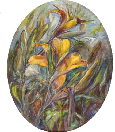 Peinture intitulée "Hémérocalles (lys s…" par Ingrid Johann, Œuvre d'art originale, Huile