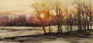 Painting titled "Couchant sur le pla…" by Ingrid Johann, Original Artwork, Watercolor