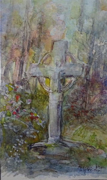 Malerei mit dem Titel "Croix celtique" von Ingrid Johann, Original-Kunstwerk, Tinte