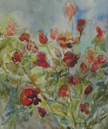 Painting titled "Roses sauvages" by Ingrid Johann, Original Artwork, Watercolor