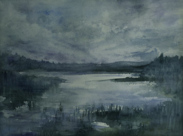 Painting titled "Nuit sur l'étang" by Ingrid Johann, Original Artwork, Watercolor