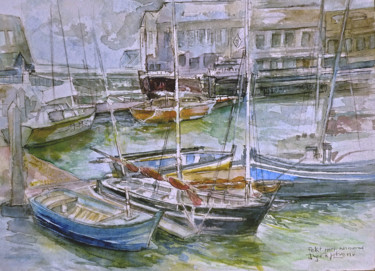 Peinture intitulée "Petit port normand" par Ingrid Johann, Œuvre d'art originale, Encre