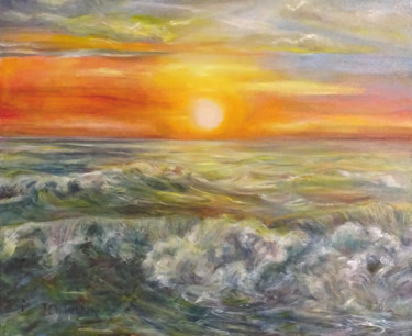 Painting titled "Couchant sur la mer" by Ingrid Johann, Original Artwork, Oil