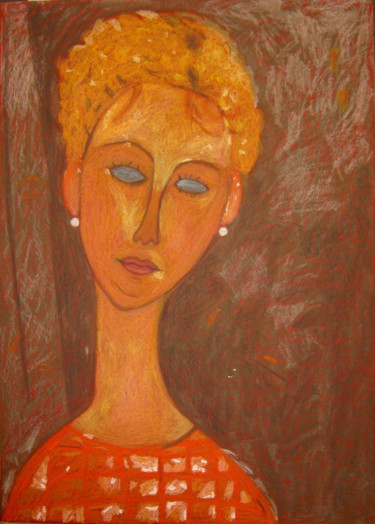 Drawing titled "Jeune femme aux bou…" by Ingrid Leddet, Original Artwork, Pastel Mounted on Cardboard